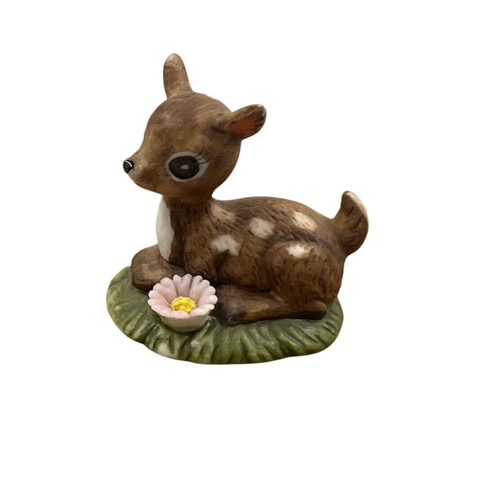 Vtg Josef Originals Fawn Baby Deer On Grass Pink Flower Figurine Made Taiwan